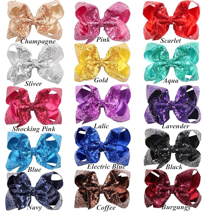 15Pcs Bling 6 Inch Hair Bows Large Big Sparkly Glitter Sequin Bows Alligator Hair Clips for Baby Girls Toddlers Kids Children Teens
