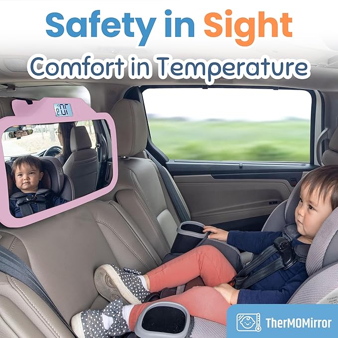 Theromirror - Baby Car Mirror with Temperature Display, Rear Facing Car Seat Mirror, Newborn Essentials, Wide Angle (Pink)