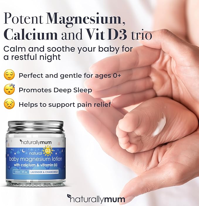 NaturallyMum Baby Magnesium Lotion with Calcium & Vitamin D | Support for Sleep, Heart, Bone, Nerve, Gut and Muscle Health | Alternative to Melatonin | Lavender & Chamomile 4.2 fl oz