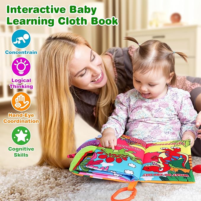 Helsort Soft Baby Books for 0-18 Months, 2PCS Crinkle Cloth Book - Dinosaur and Farm Themes, Tummy Time Toys for Infants 0-6-12-18 Months, Sensory Books for Babies, Ideal Christmas