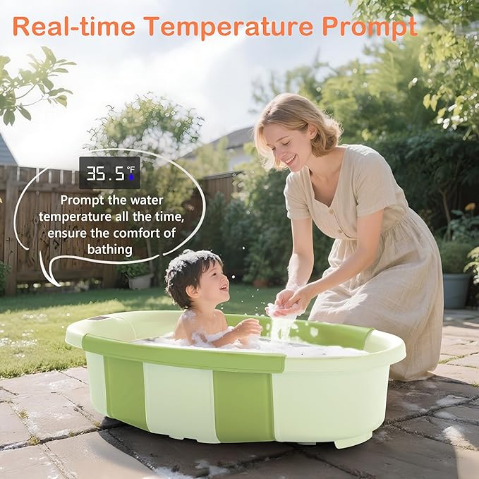 Collapsible Baby Bathtub - Large Baby Bath Tub with Thermometer & Cushion | Travel Portable Newborn Infant Bathtub | Foldable Toddler Bathtub for Baby 0 to 36 Months (Green)