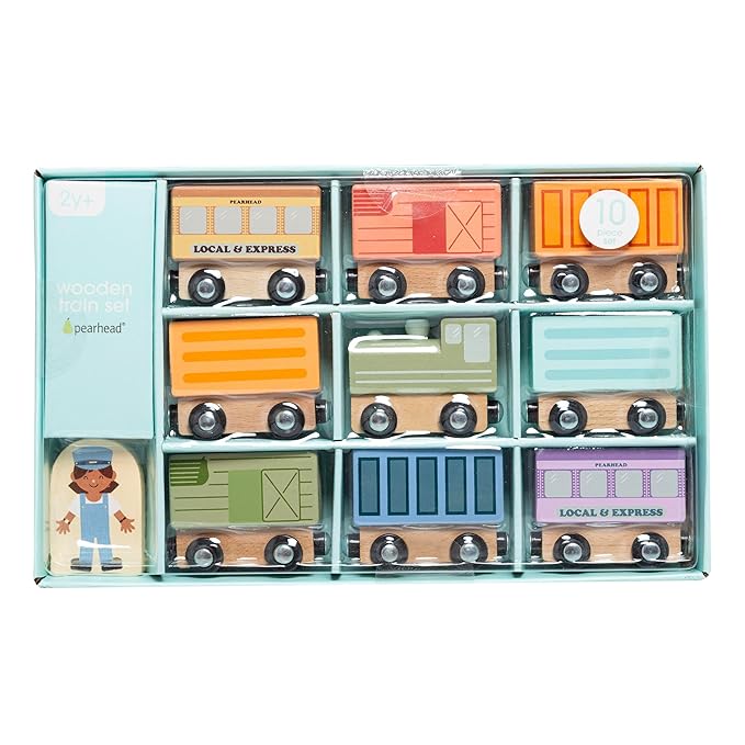 Pearhead Wooden Train Set for Toddlers – 10-Piece Magnetic Train Cars, FSC-Certified Wood, Montessori STEM Toy, Develops Fine Motor Skills, Compatible with Major Brands, Boys and Girls, Ages 2 3 4