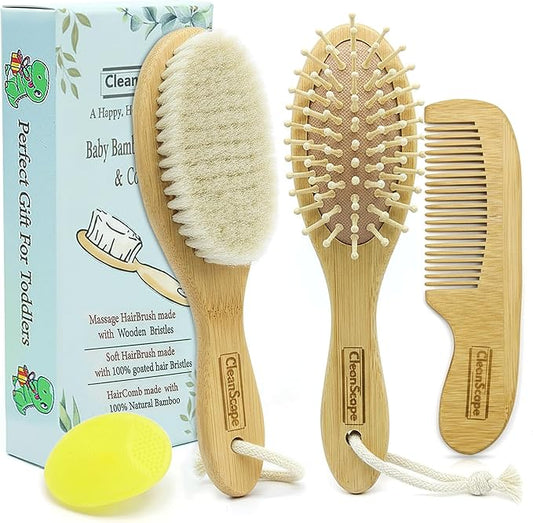 Bamboo Baby Brush & Comb Set – Newborn Grooming Kit with Soft Goat Hair Brush & Wooden Comb – Gentle Baby Care Essentials for Cradle Cap & Baby Shower Gifts