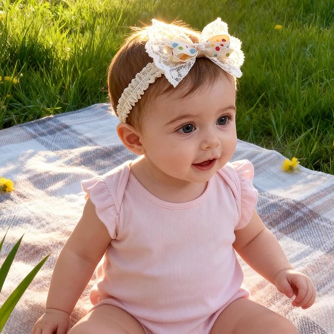 Baby Girls Bow Lace Headband Cute Soft Hairband White Butterfly Knot Headbands for Newborn Infants Toddlers Kids Christening Baptism Birthday Party Hair Accessories（Colorful dots）