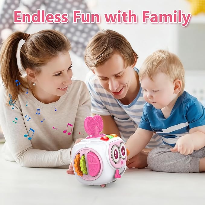 Musical Montessori Toys, Cube Sensory Toys for Toddlers 1-3 with Light-up, Baby Busy Educational Learning Activities Robot Toy for for 1 2 3 Year Old - Pink
