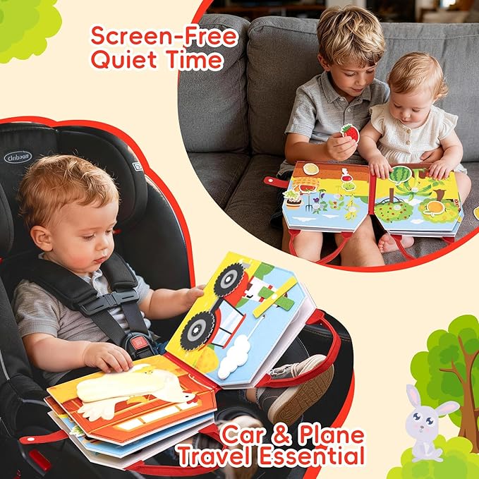 Busy Book for Toddlers - Montessori Sensory Toys for Boys & Girls Preschool Learning, 8-Page Felt Quiet Activity Board for Fine Motor Skills, Travel Toys for Airplane Car Games (Farm Animals)