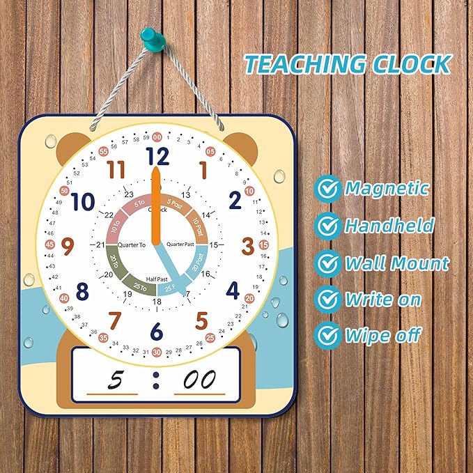 ANCOMEDO Large 12" Magnetic Writable Dry Erase Teaching Clock with Cute Style, Teaching Demonstration Clock for Kids Learning Practice Time for Home School Classroom Supplies (12" x11"-Beige)