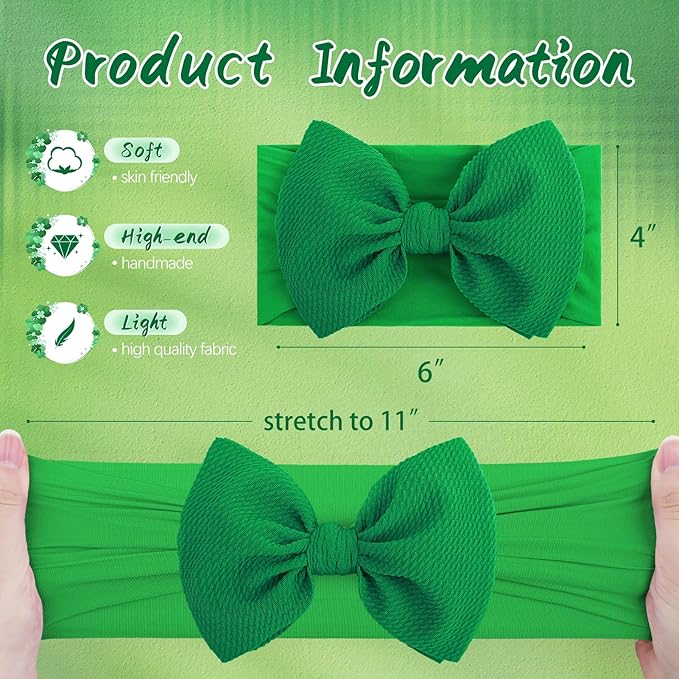 HAIRBAND, St.Patrick's Day Hair Accessories for Infant Baby Girls, Green Headbands with Bows, Shamrock Print, Nylon Hairbands, 2 Count