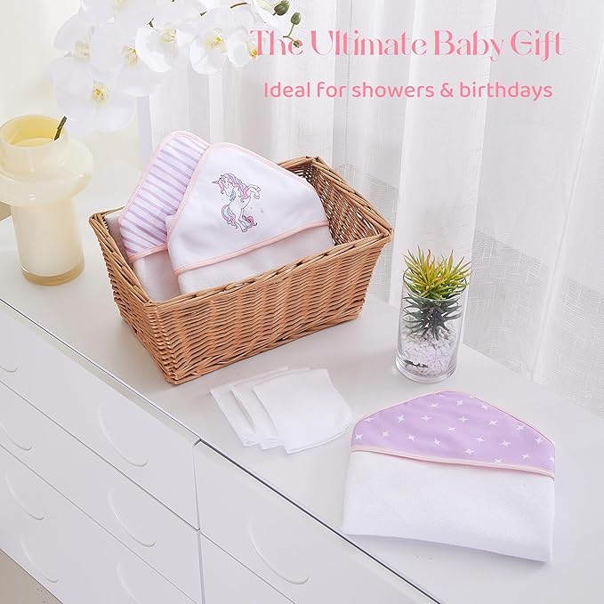 Mooreeke Baby Towel with Hood for Girls Purple Unicorn Bath Towel for Babies Ultra Soft Absorbent 3 PCS Baby Towels and 3 PCS Washcloths for Newborn Essentials
