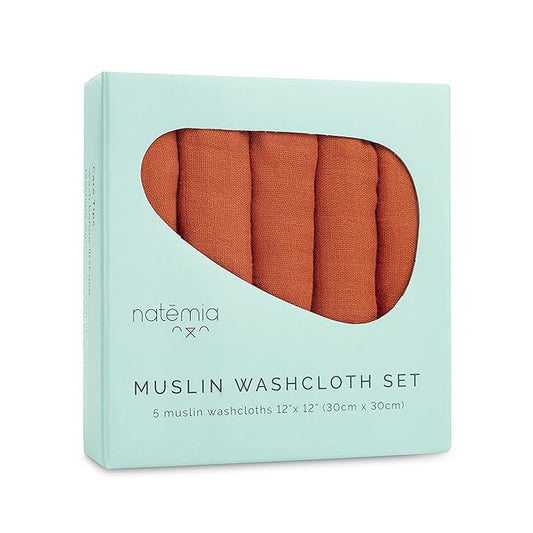 Natemia Muslin Baby Washcloths for Newborn - Premium Wash Cloths for Babies, Super Absorbent and Ultra Soft Rayon Made from Bamboo, 6 Layer Baby Girl and Baby Boy Washcloths, 5 Piece Set