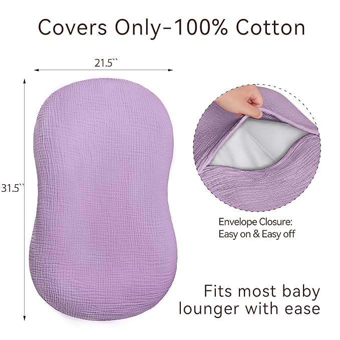 Muslin Baby Lounger Cover 1 Pack, Cotton Soft Breathable Infant Nest Slipcover, Envelope Closure, Compatible with Snuggle Me Loungers, Machine Washable, Cover Only, for Girls Boys (Purple)