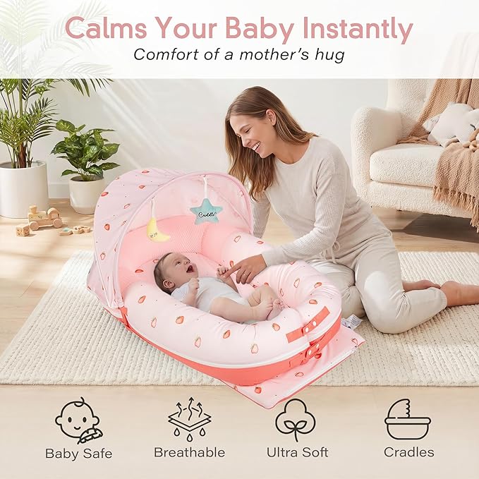 JollyBoo® Deluxe Infant Lounger Pillow - Baby Lounger 0-24 Months | Bamboo-Cotton Portable Baby Nest with Foldable Sunshade & 2 Plush Toys | Soft, Breathable Mesh for Cool, Safe Rest (Strawberry)