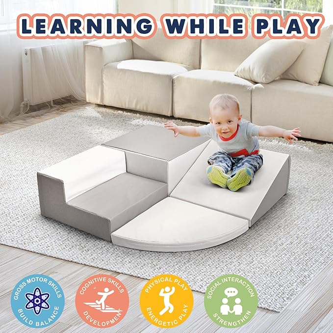 little dove Large 4-Piece Set Climbing Toys for Toddlers 1-3, Baby Foam Climbing Blocks for Toddlers,Soft Play Toddler Climbing Toys Indoor for Crawling Climbing and Sliding,Foam Play Gym,Gray & White