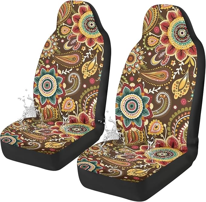Boho Flower Car Front Seat Cover, Women's Auto Car Seat Covers Protector Universal Car Interior Accessories Automobile Seat Cover for Most Cars Truck Van SUV, 2 Pack