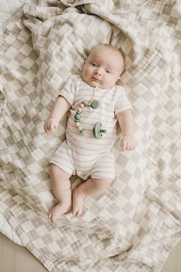 Silicone Pacifier Clip – Metal-Free, Rust-Free, 100% Food-Grade Silicone and Natural Beech Wood, Secure Pacifier Holder – Olive - Mila & Lulu
