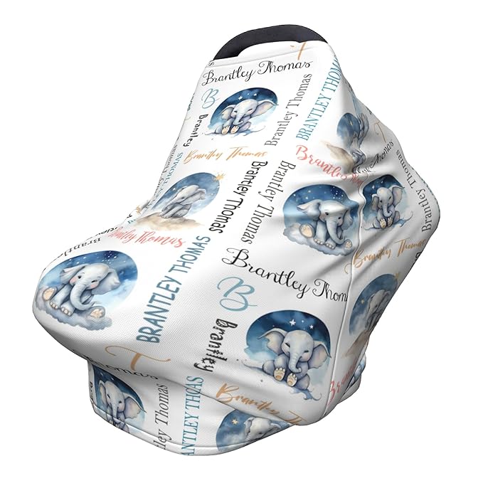 Personalized Baby Car Seat Covers for Babies, Custom Elephant Nursing Breastfeeding Carseat Canopy with Name, Infant Stroller Covers for Newborn Girls Boys, Breathable Carseat Cover