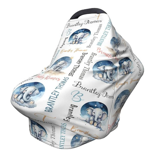 Personalized Baby Car Seat Covers for Babies, Custom Elephant Nursing Breastfeeding Carseat Canopy with Name, Infant Stroller Covers for Newborn Girls Boys, Breathable Carseat Cover