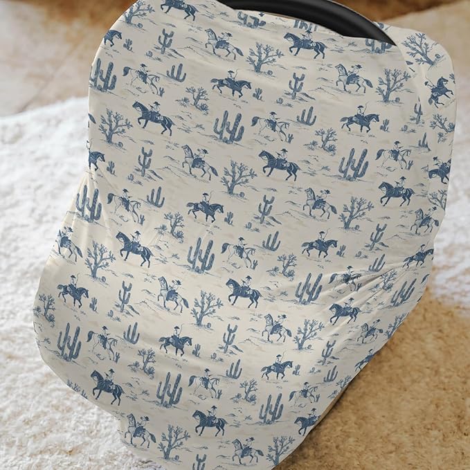 Vintage Western Cowboy Car Seat Cover for Babies Retro Cowboy Horse Cactus Stretchy 5-in-1 Cover Adjustable Car Canopy Breastfeeding Cover Wild Desert Breathable Nursing Cover-Up