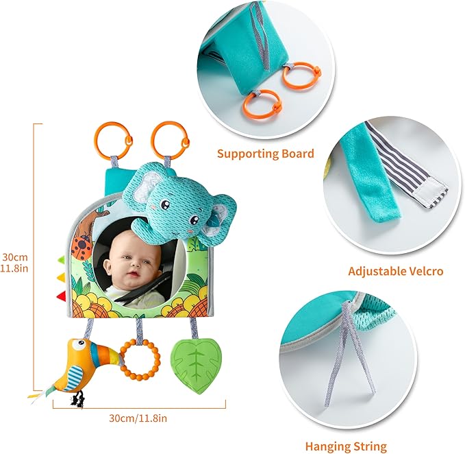 Lynncare Car Seat Toy, Baby Car Mirror for Rear Facing, Travel Baby Activity Center with Hanging Engaging Toys for Infants Babies 0-6-12-18 Months Boy Girl