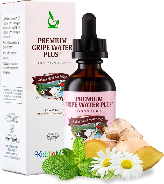 Maxi Health Homeopathic Gripe Water for Babies – Fast Acting Homeopathic Colic Calm Baby Gas Drops for Newborns – Natural Chamomile, Ginger, Peppermint & Fennel Baby Water for Hiccups 2PK