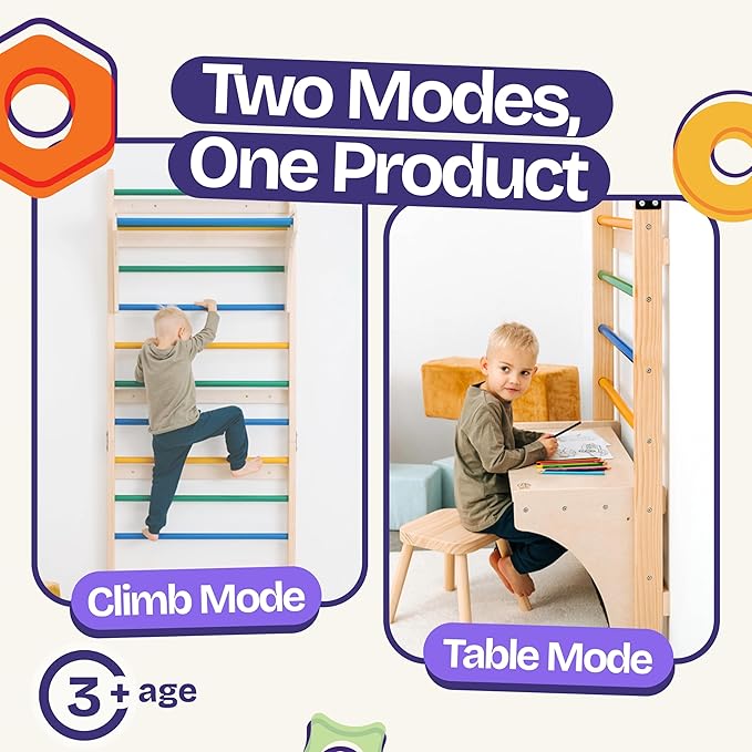 ComfyBumpy Swedish Ladder with Convertible Play Table | Montessori Climbing Set for Kids, Indoor Playground & Jungle Gym - Wall Climbing Toy for Active Play & Table for Focused Play (Set of 1)