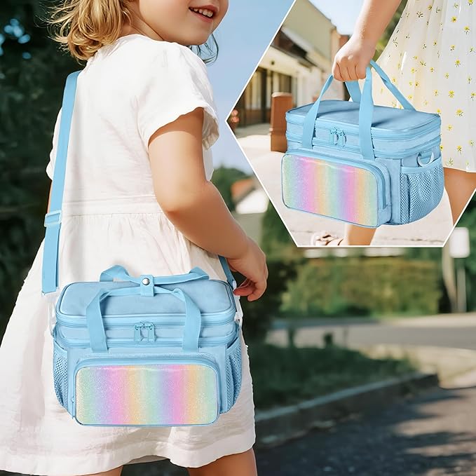GRAOSO Hair Bow Organizer for Baby Girls, Double Layer Hair Accessories Storage Bag, Rainbow Sequins Design, with Handle and Detachable Shoulder Strap (Case only) (Blue)