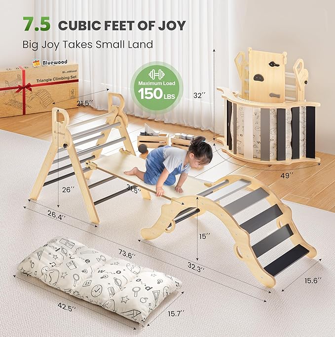 BlueWood Pikler Triangle Set with Cushion, 8-in-1 Climbing Toys for Toddlers, Montessori Philosophy Play Jungle Gym with Arch, Ramp, Ladder(Elegant Gray)