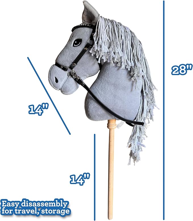 Playful Minds Large Hobby Horse for Kids and Adults – Show Quality with Rhinestone Studded Bridle, Removable Reins, and Long Mane – Plush Handmade Tournament Stick Horse, Grey