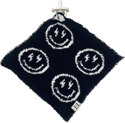 L+L USA Smiley Face Baby Lovey Pacifier/Teether Holder 10"x10" - DreamSoft Plush Fluffy Cuddly Soothie Reversible Mini Comfort Blanket - Cute Newborn Gift Essential Babies Boys and Girls (Black/White)