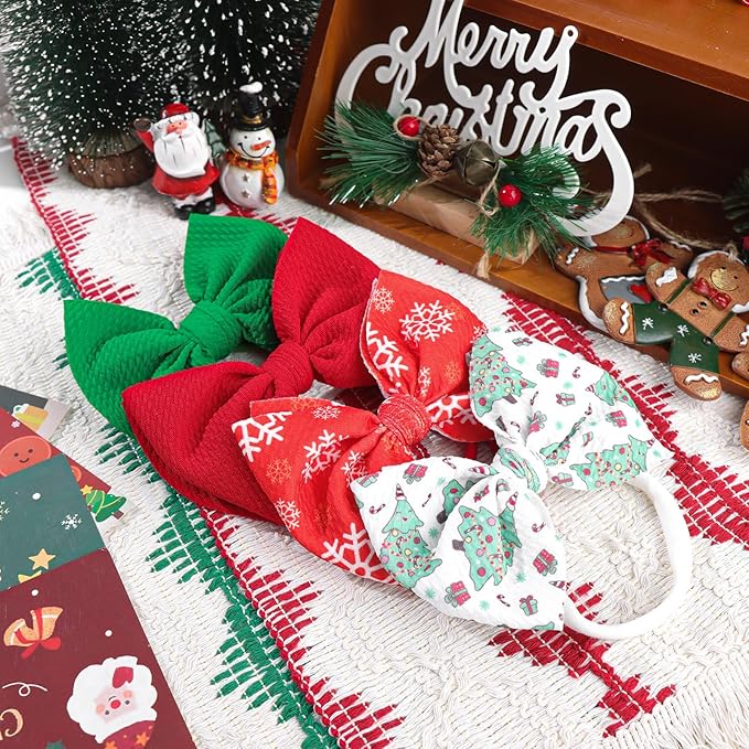 YanJie Christmas Baby Headbands Newborns Bows Red Green Printed Snowflake Baby Bows Nylon Headband Toddler Infant Hairbands Cheer Bow Christmas Gift