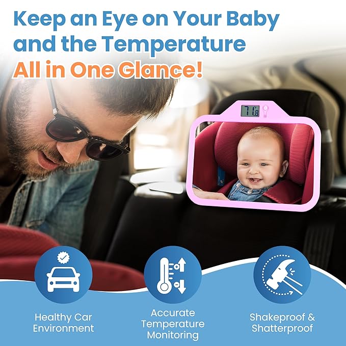 Theromirror - Baby Car Mirror with Temperature Display, Rear Facing Car Seat Mirror, Newborn Essentials, Wide Angle (Pink)