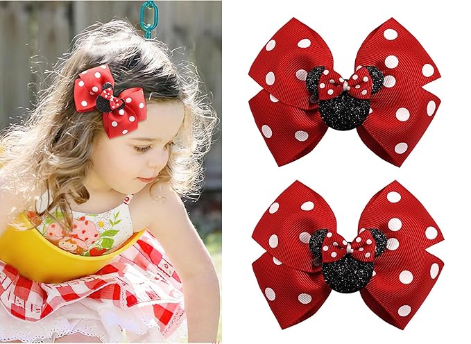 4 Inch Cute Mouse Ears Sequins Bows Hair Clips For Baby Girls, Toddler, Kids and Young Women Birthday Party Wedding Christmas Occasions Set of 2 (A- Dark Red)