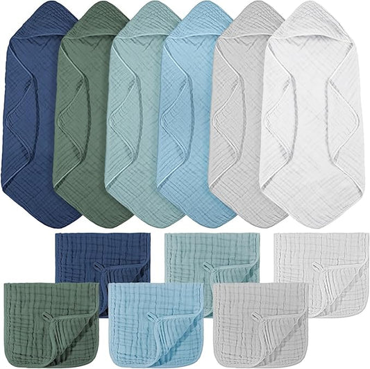 VitalCozy 12 Pcs Baby Muslin Hooded Bath Towels and Washcloths, Muslin Hooded Baby Towels Absorbent Blankets for Gift Newborn Infant Shower (Green Blue Gray)