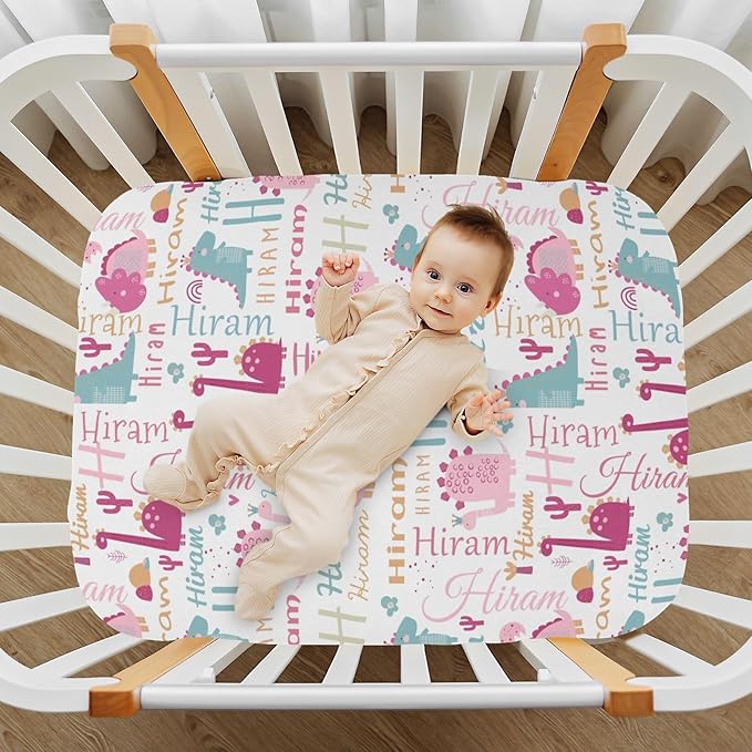 Personalized Pink Dinosaur Pack and Play Sheets for Baby Girls Boys, Custom Mini Crib Fitted Sheet with Name, Customized Name Multiuse Sheets for Pack & Play, Playard, Playpen, Mini Crib Mattress