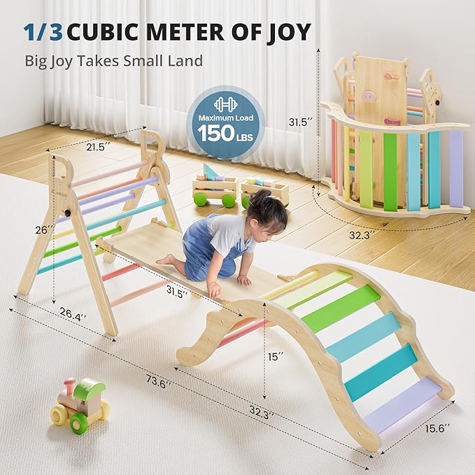 BlueWood 4 in 1 Indoor Jungle Gym, Foldable Wooden Climbing Set with Swing, Slide, Ladder and Climbing Wall