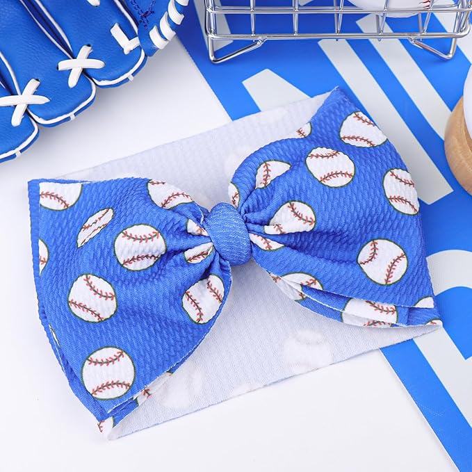 7'' Large Baseball Baby Girl Bows Soft Nylon High Stretchy Headbands for Girl Blue Tied Hairbands with Bows Hair Accessories for Infant Newborn