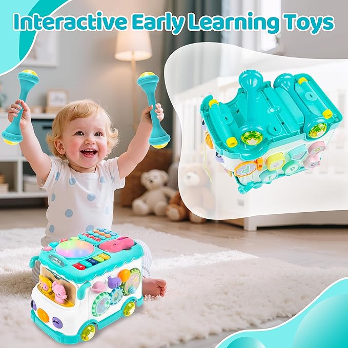 Toys for 1 Year Old Girl Gifts, 10-in-1 Montessori Toys Bus for Baby 6-12 12-18 Months, Educational Musical Learning Toddler Toy Age 1-2, 1st First Birthday Gifts for Girls and Boys, Blue