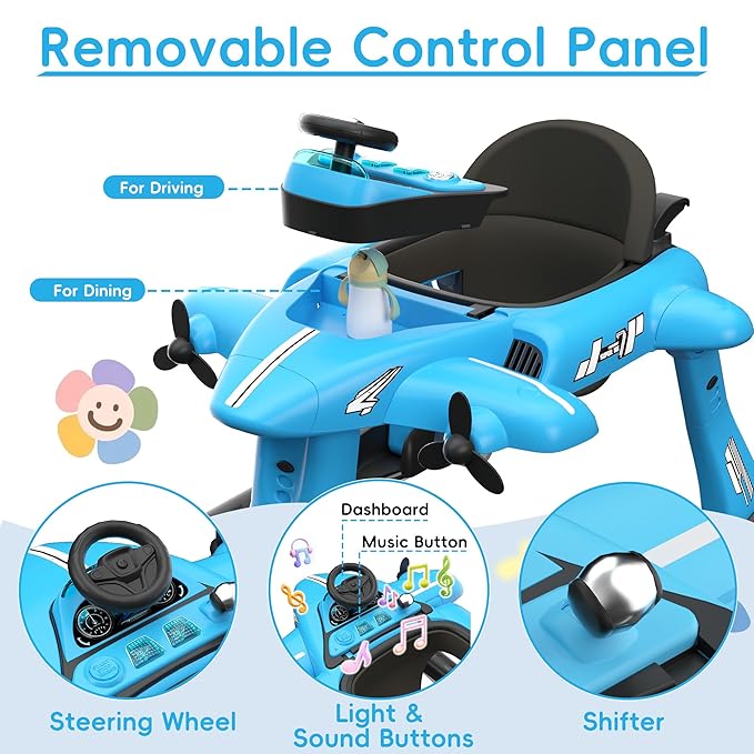 Betterhood 6-in-1 Foldable Baby Walker with Adjustable Height & Speed, Airplane-Themed Activity Push Walker with Music & Lights, Wheels, Anti-Slip Design, Suitable for Boys & Girls Aged 6-18 Months