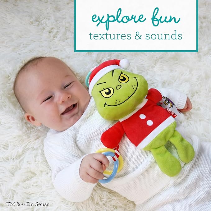 Infantino Activity Pal The Grinch, Baby Sensory Clip-On Toy with Crinkle Body, Rattling Presents & Clacker Rings, Stroller & Car Seat Companion, Holiday Baby Gift & Stocking Stuffer