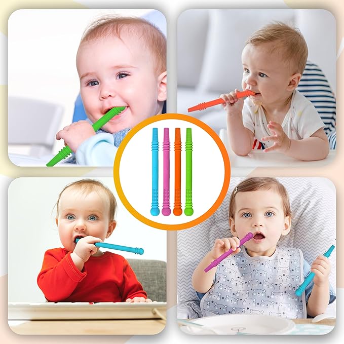 Baby Teether Tubes - Pack of 4 Hollow Teething Sticks with 1 Cleaning Brush & Toothbrush - 100% Food Grade Silicone, BPA Free, and Dishwasher Safe - 4 Vibrant Colors for 6-18 Months Babies
