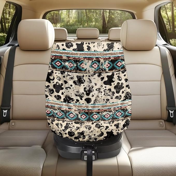 Car Seat Cover Baby Cow Print Car Seat Sun Shade Cover with Elastic Band, Boho Car Decor Universal Baby Travel Accessories