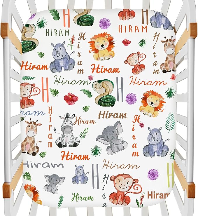 Personalized Mini Crib Mattress Fitted Sheets with Name, Customized Monogram Pack N Play Sheets for Baby Boys, Pack and Play Sheets Fitted, Stretchy Play Yard Sheets Playpen Sheet, Cute Animal