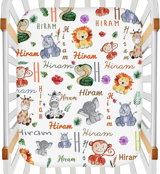 Personalized Mini Crib Mattress Fitted Sheets with Name, Customized Monogram Pack N Play Sheets for Baby Boys, Pack and Play Sheets Fitted, Stretchy Play Yard Sheets Playpen Sheet, Cute Animal