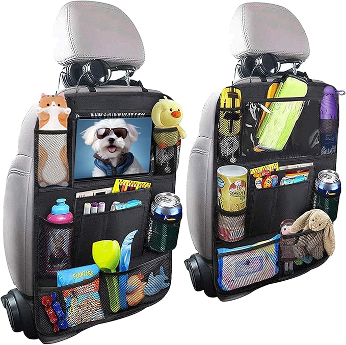 Car Backseat Organizer with tablet holder,1Pcs Kick Mats Back Seat Protector with 9 Storage Pockets Travel Accessories Easy to Clean BLACK