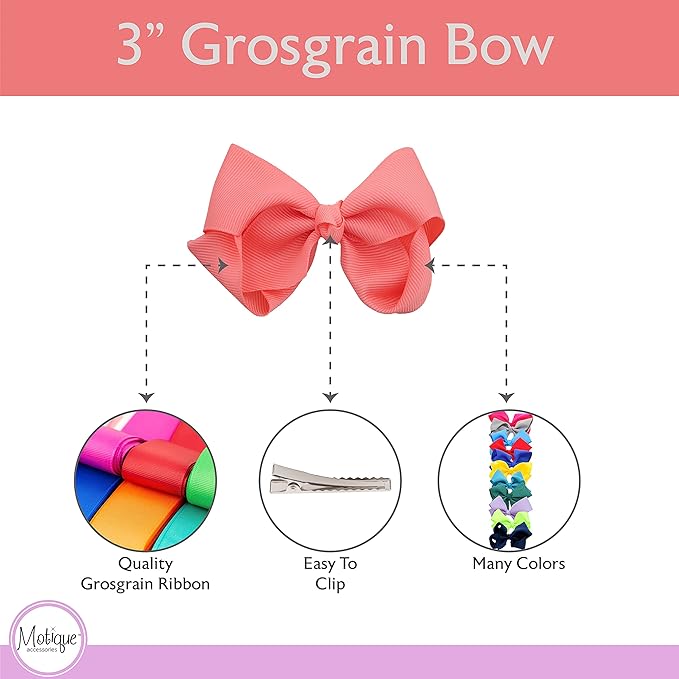 3 Inch Grosgrain Bow for Little Girls- Set of 2 (Coral)