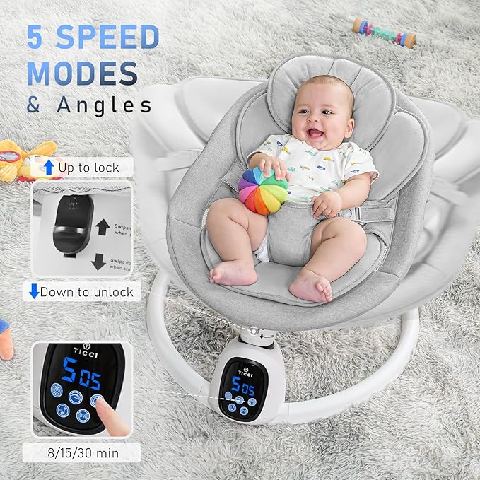 T TICCI Baby Swings for Infants, 5 Speed Bluetooth Baby Bouncer, Motorized Bluetooth Swing, Built-in 3 Timer Settings, Music Speaker, Remote Control, 0-6 Months, Grey