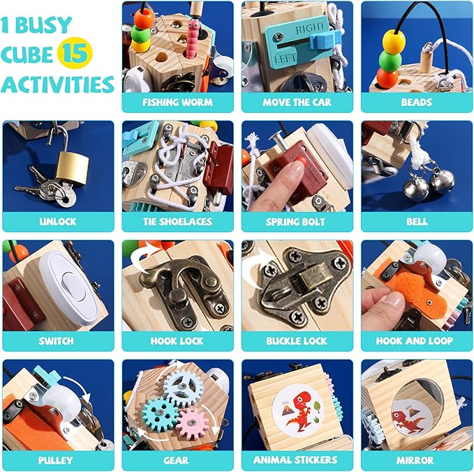 Ark miido Busy Cube for Kids 15-in-1 Sensory Busy Board Travel Toy Handmade Montessori Educational Learning Toys Activity Board Wooden Activity Cubes for Toddlers 1 2 3 4 5 Years Old