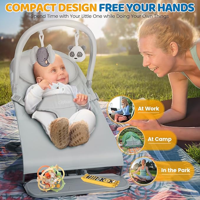 Orzbow Portable Baby Bouncer, Foldable Baby Bouncer Seat with Storage Bag and Removable Play Bar, 3 Recline Positions, 0-12 Months Up to 20lbs, Ergonomic Design, Easy to Wash, Grey