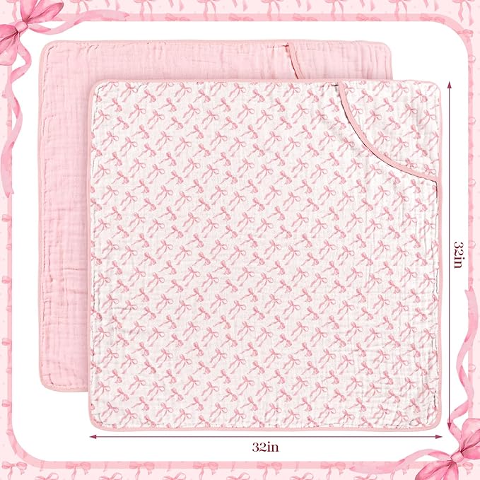 Hahafelt 2 Pcs Pink Bow Baby Hooded Towels for Newborn 100% Muslin Cotton Baby Bath Towel with Hood for Babies Infant Toddler and Kids Large 32x32inch Soft Absorbent Kids Essential Gift
