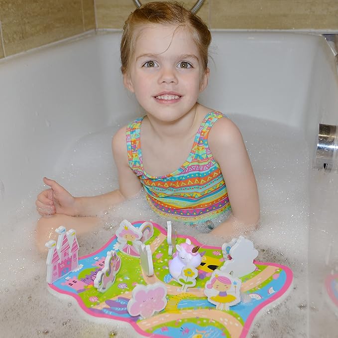 Buddy and Barney Bath Unicorn World Activity Set | Light up Floating Bath Toys for Toddlers | Set of 12 Floating Jigsaw Puzzle, 12 Foam Bath Stickers and Unicorn Water Squirter with Mesh Storage Bag